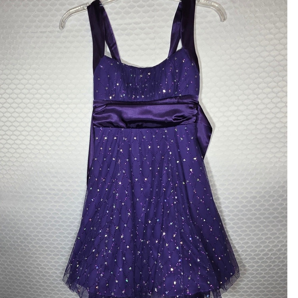 B. Darlin Purple Sequin Mesh Cocktail Dress Party Bow Size 7/8 Homecoming